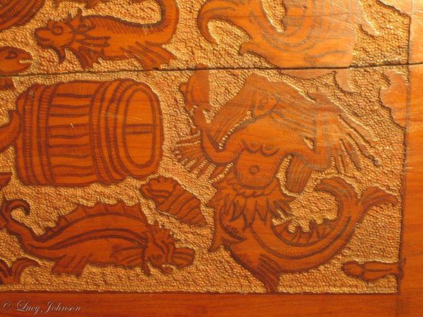 Large, museum-quality, late-16th century, cedar, Venetian, cassone on its original stand ; the sea creature ornament probably dr