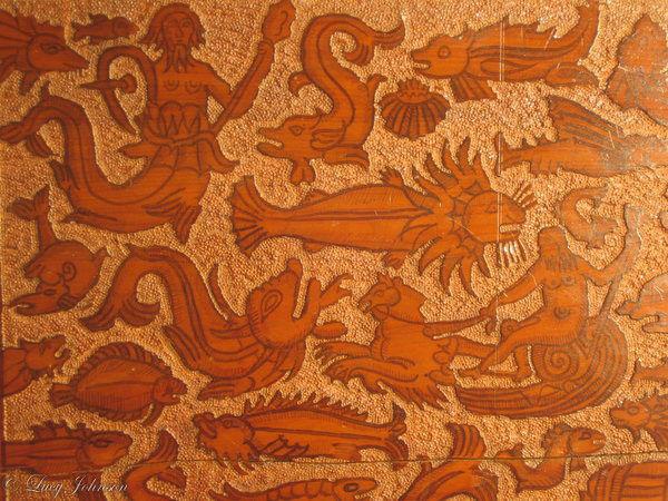 Large, museum-quality, late-16th century, cedar, Venetian, cassone on its original stand ; the sea creature ornament probably dr