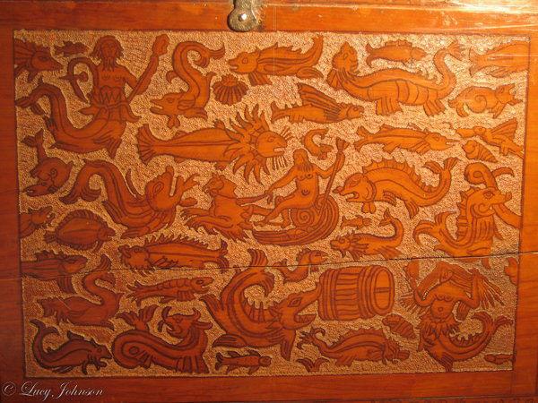 Large, museum-quality, late-16th century, cedar, Venetian, cassone on its original stand ; the sea creature ornament probably dr