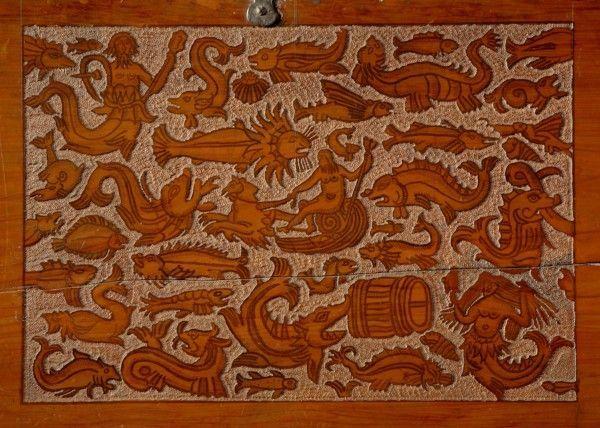 Large, museum-quality, late-16th century, cedar, Venetian, cassone on its original stand ; the sea creature ornament probably dr