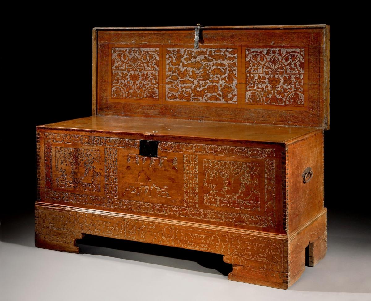 Large, museum-quality, late-16th century, cedar, Venetian, cassone on its original stand ; the sea creature ornament probably dr