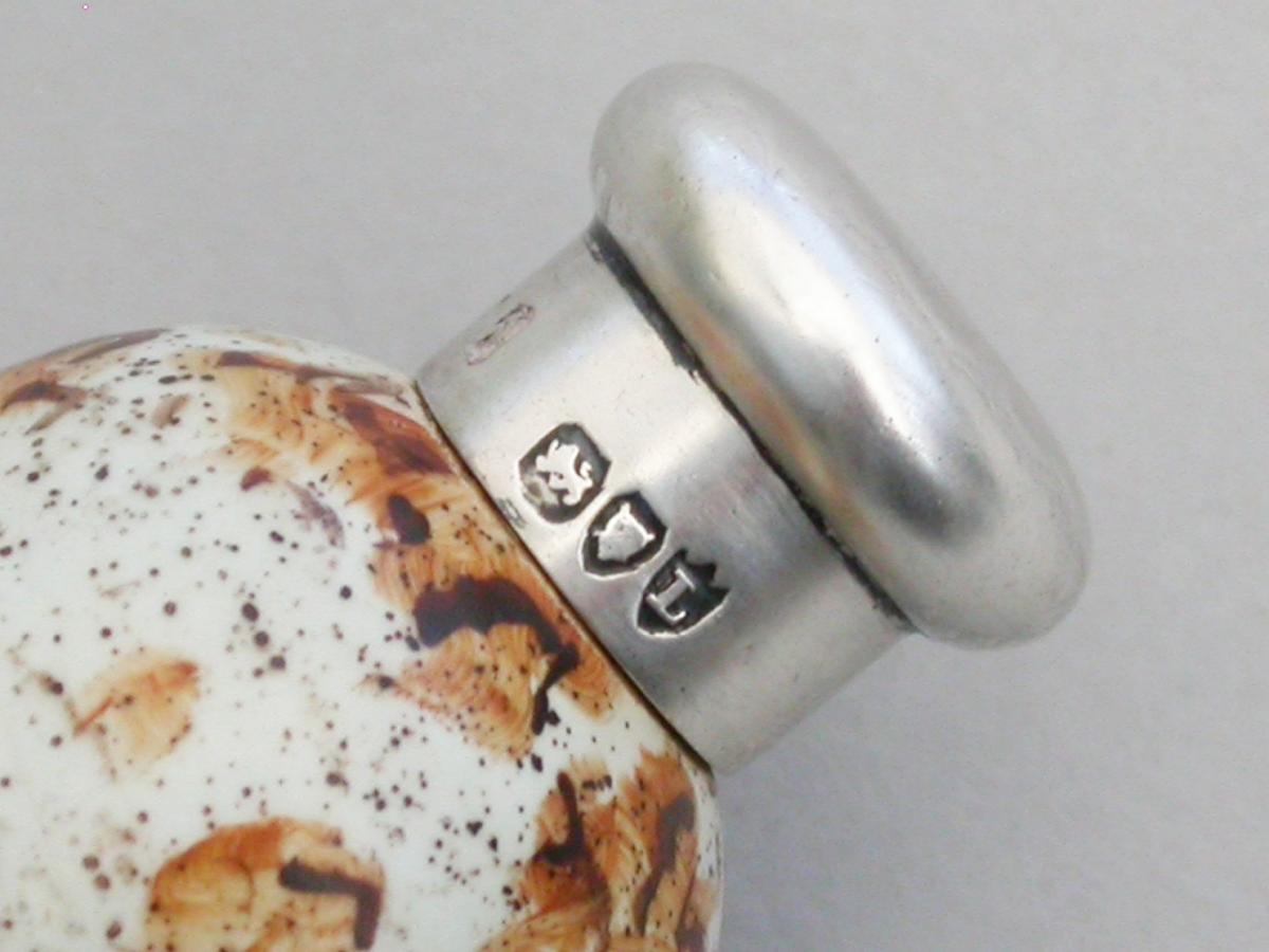 Victorian Silver & MacIntyre Ceramic Marsh Warblers Egg Scent Bottle