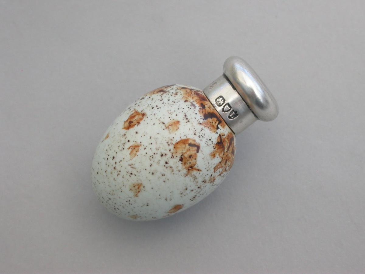 Victorian Silver & MacIntyre Ceramic Marsh Warblers Egg Scent Bottle