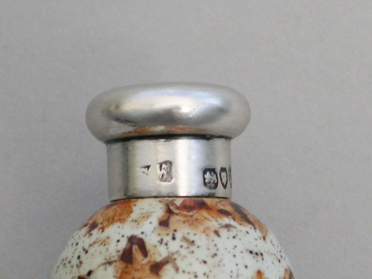 Victorian Silver & MacIntyre Ceramic Marsh Warblers Egg Scent Bottle