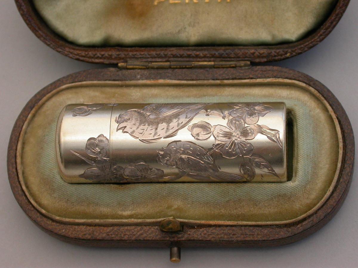 Victorian Cased Silver Gilt Engraved Scent Bottle - 'Birds & Insects'