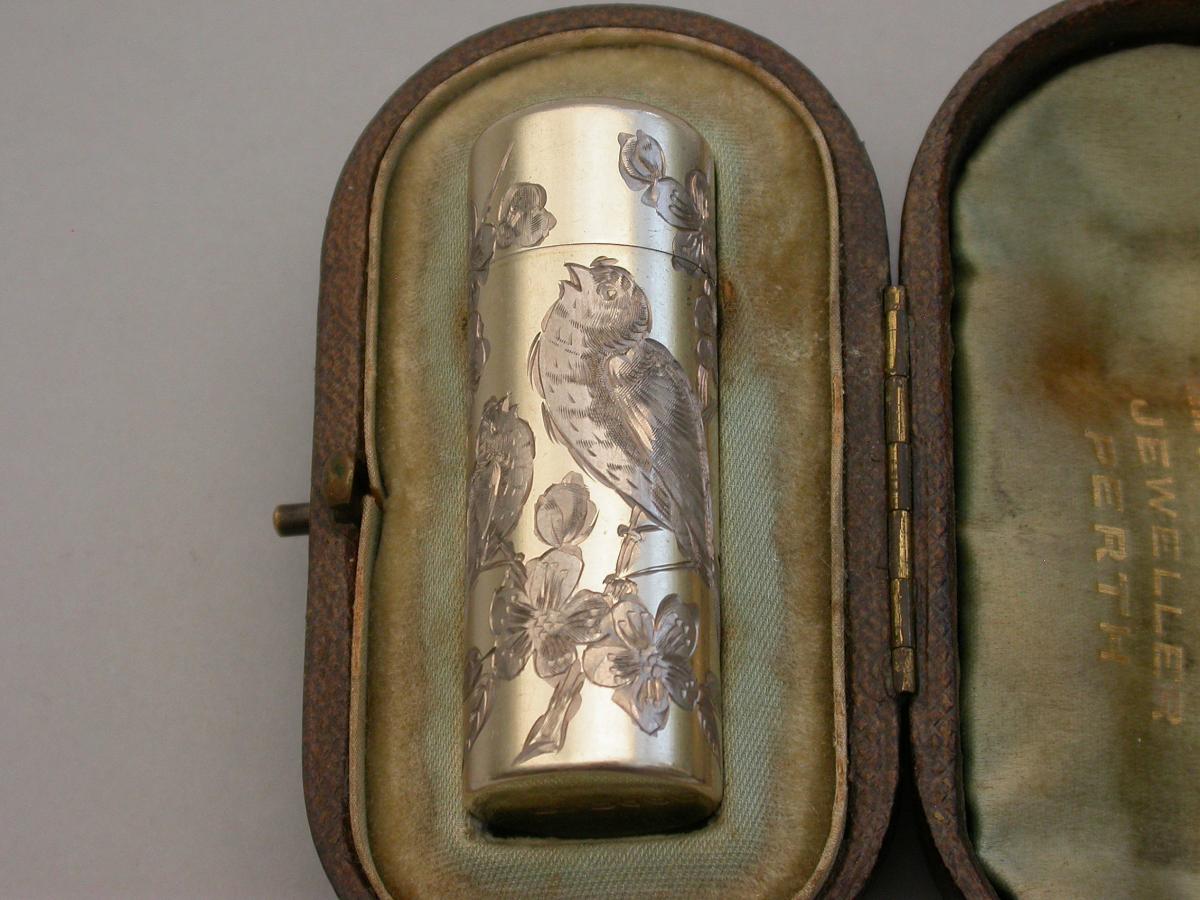 Victorian Cased Silver Gilt Engraved Scent Bottle - 'Birds & Insects'