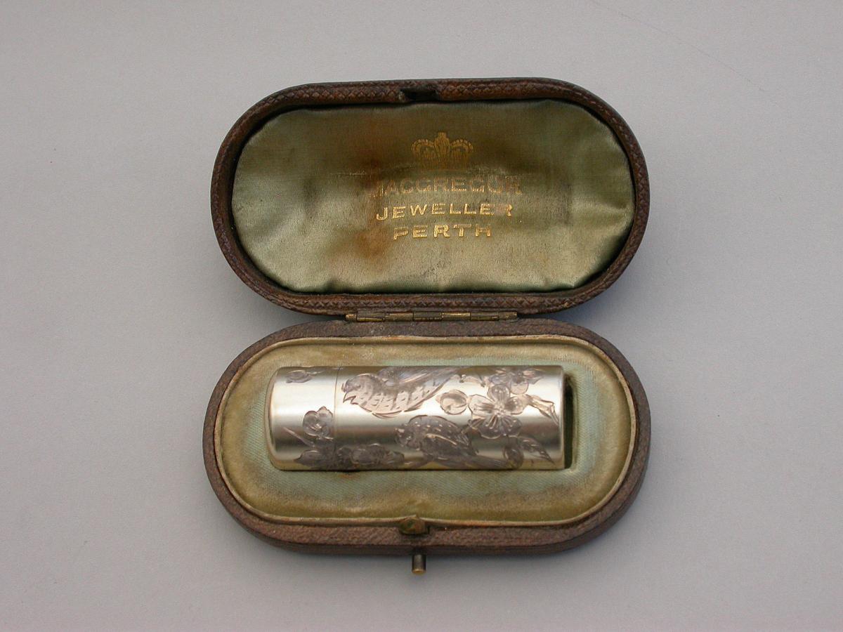 Victorian Cased Silver Gilt Engraved Scent Bottle - 'Birds & Insects'