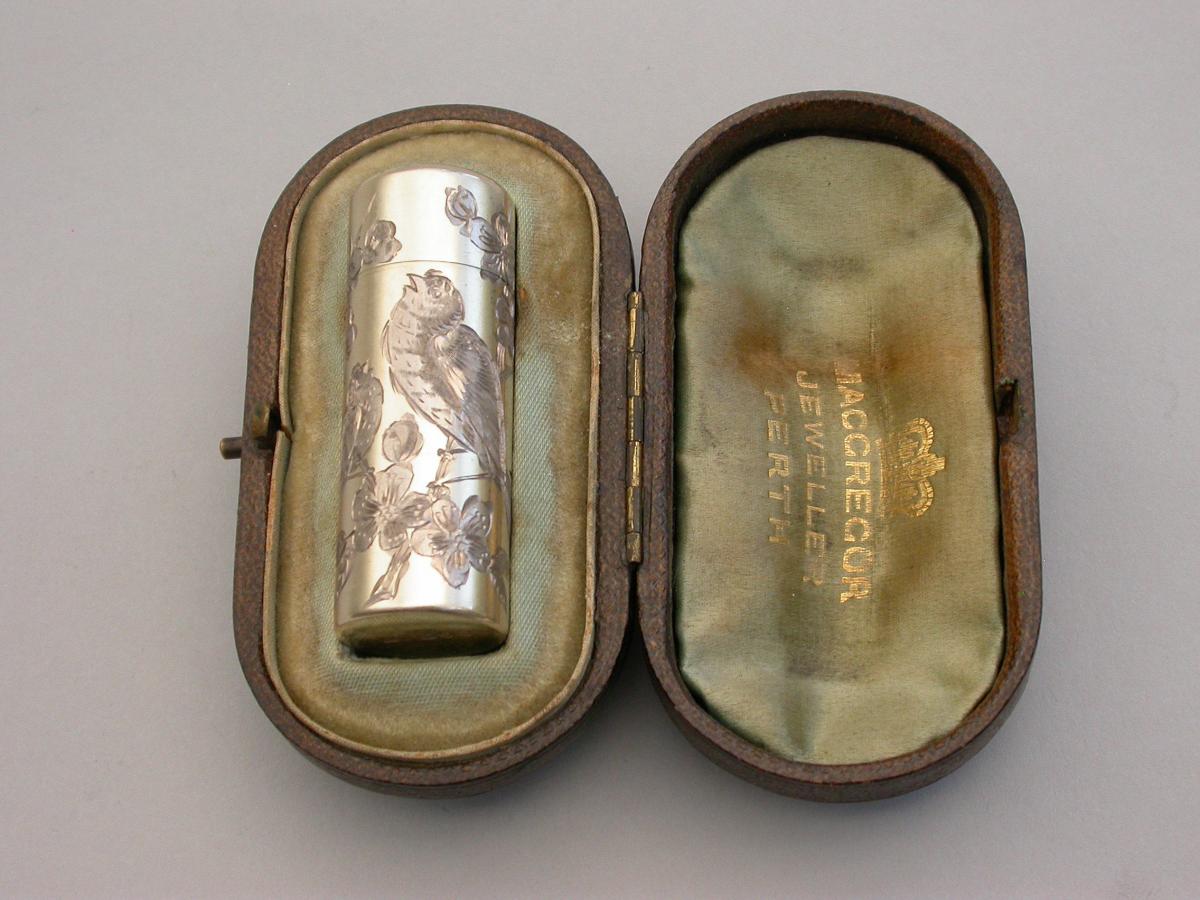 Victorian Cased Silver Gilt Engraved Scent Bottle - 'Birds & Insects'