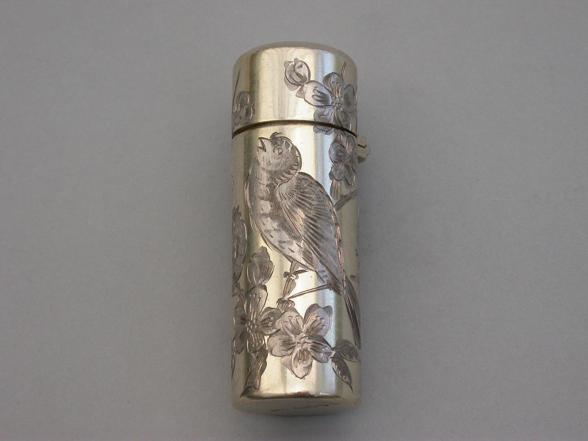 Victorian Cased Silver Gilt Engraved Scent Bottle - 'Birds & Insects'