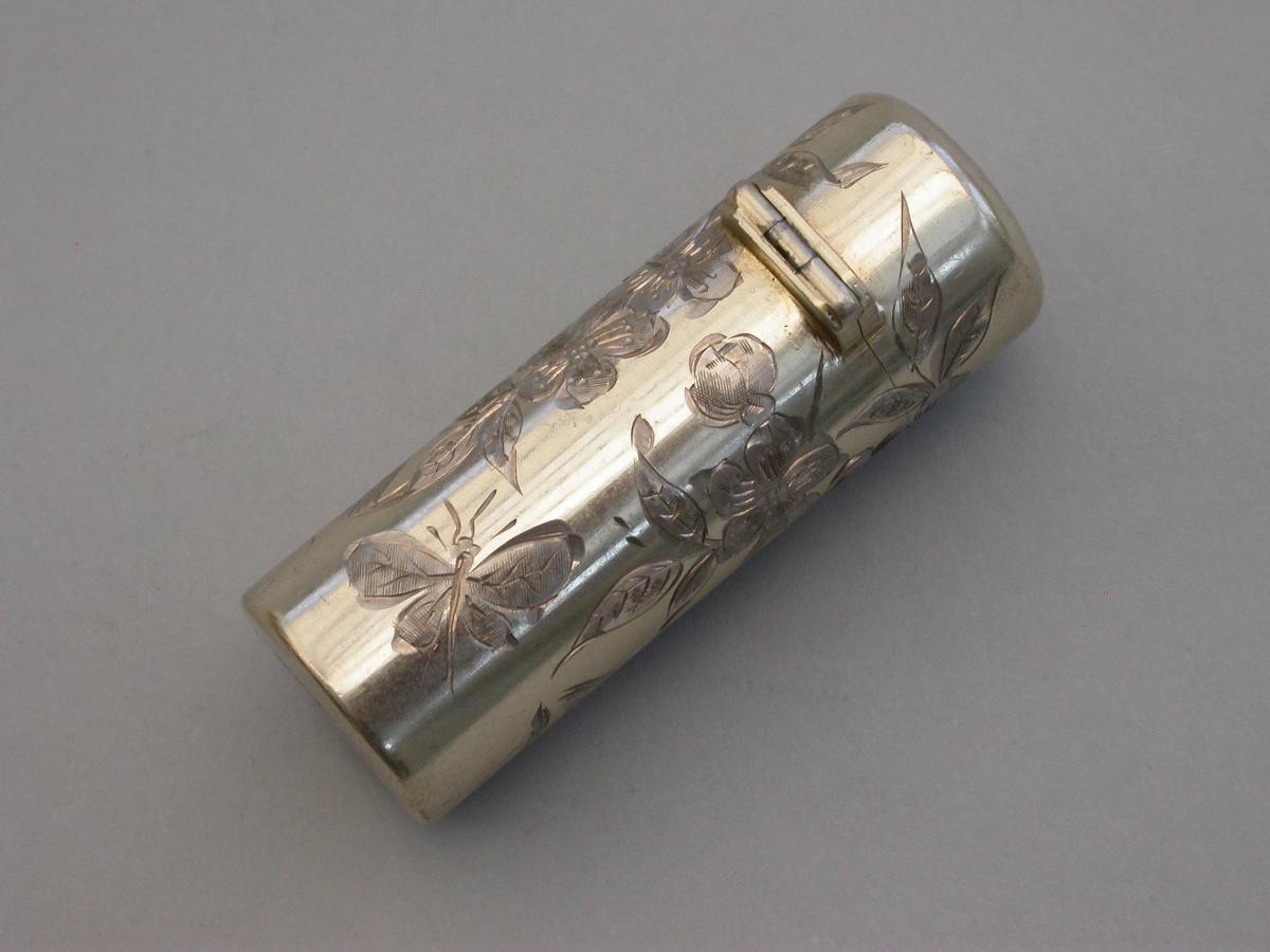 Victorian Cased Silver Gilt Engraved Scent Bottle - 'Birds & Insects'