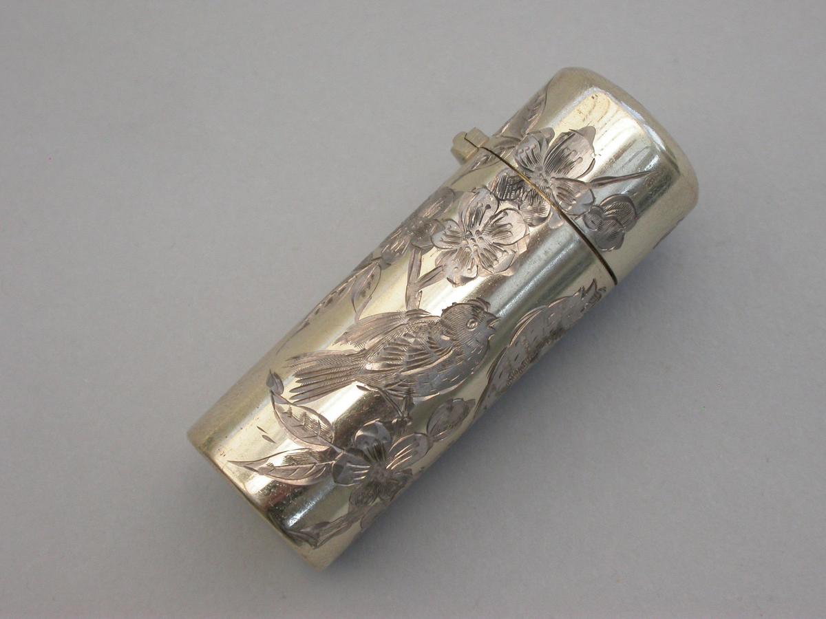 Victorian Cased Silver Gilt Engraved Scent Bottle - 'Birds & Insects'