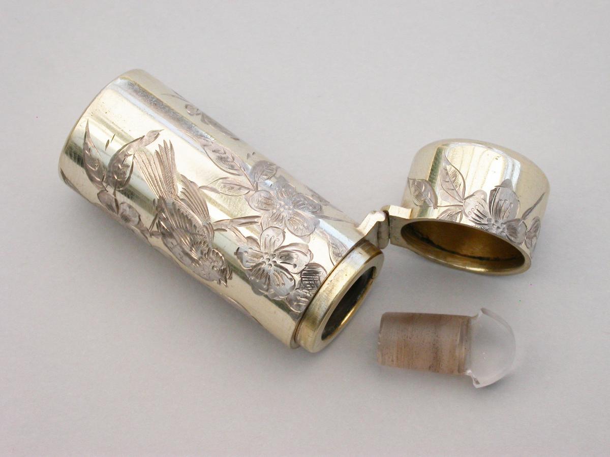 Victorian Cased Silver Gilt Engraved Scent Bottle - 'Birds & Insects'