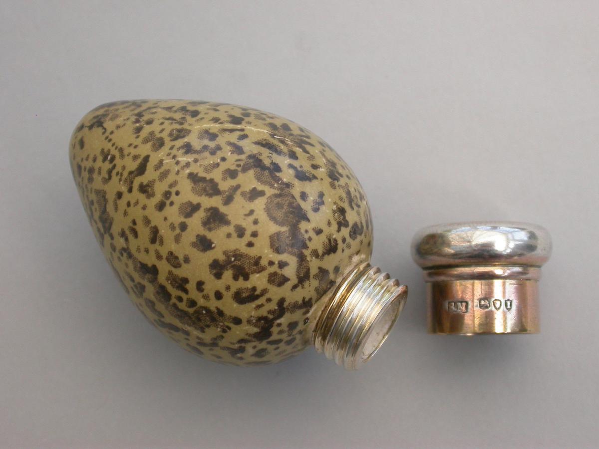 Victorian Silver & MacIntyre Ceramic Black Headed Gulls Egg Scent Bottle