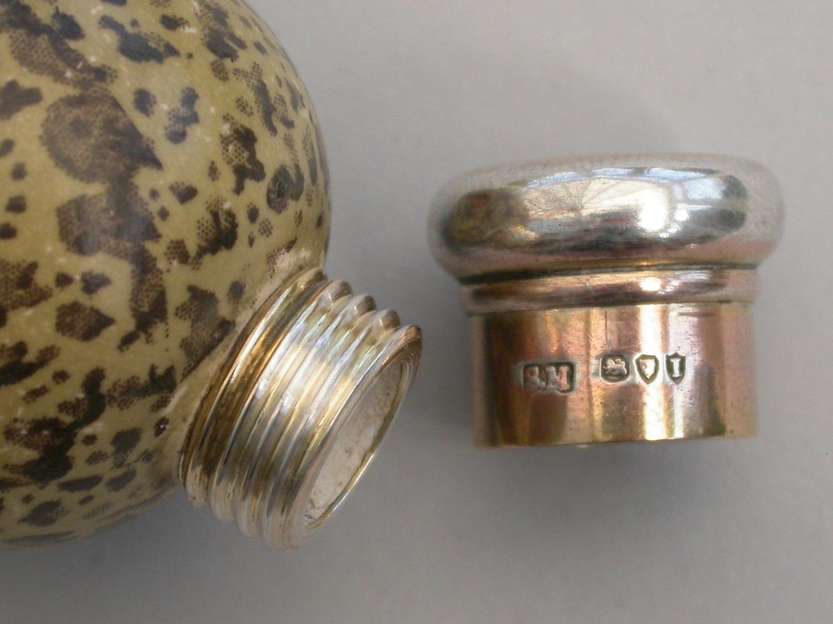 Victorian Silver & MacIntyre Ceramic Black Headed Gulls Egg Scent Bottle