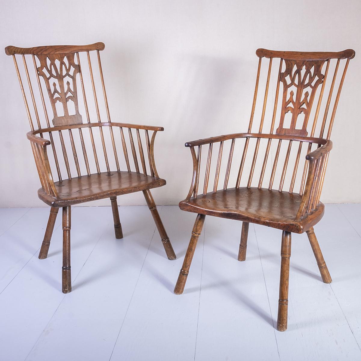 Pair of 18th century Chippendale period Gothic Comb Back Windsor Chairs