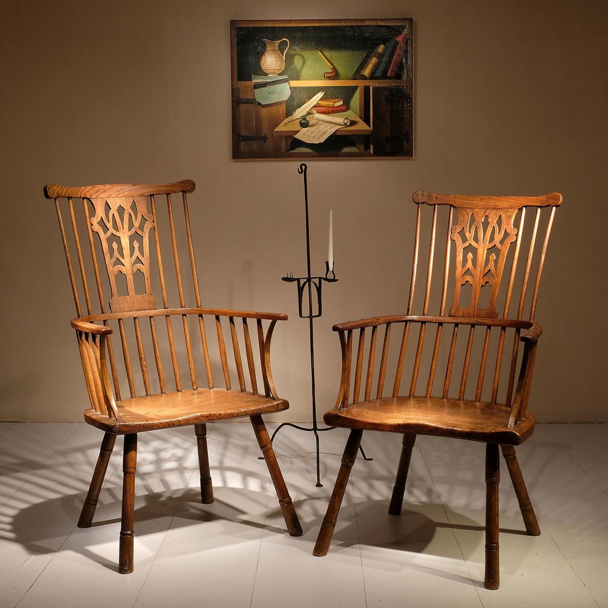 Pair of 18th century Chippendale period Gothic Comb Back Windsor Chairs