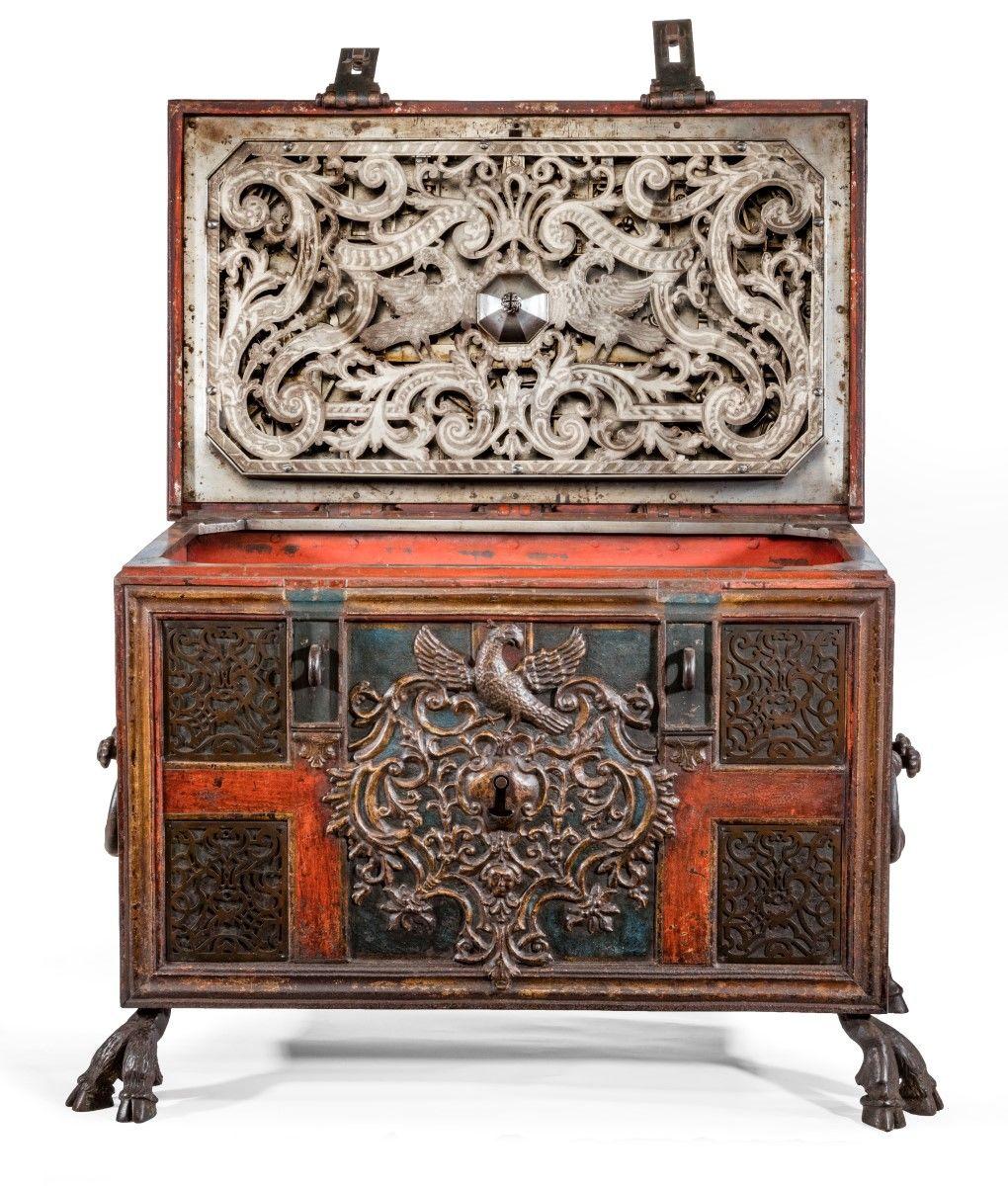 A Massive Iron Casket Inset with Brass Fretwork Panels, c. 1740
