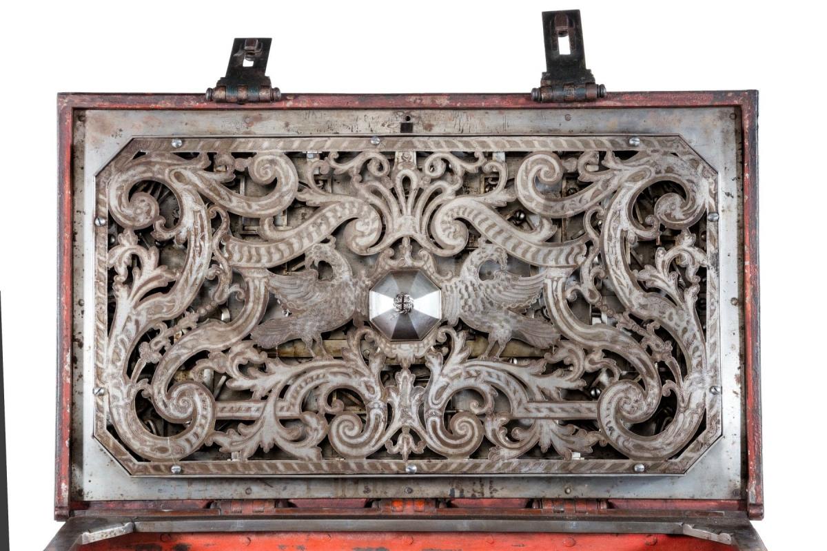 A Massive Iron Casket Inset with Brass Fretwork Panels, c. 1740