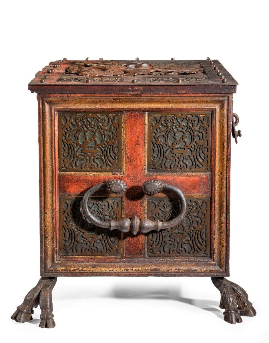 A Massive Iron Casket Inset with Brass Fretwork Panels, c. 1740