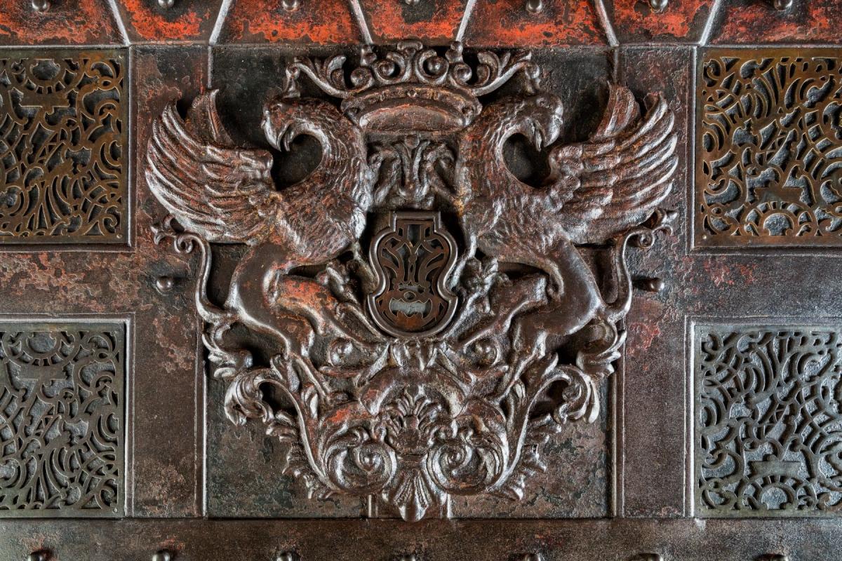 A Massive Iron Casket Inset with Brass Fretwork Panels, c. 1740