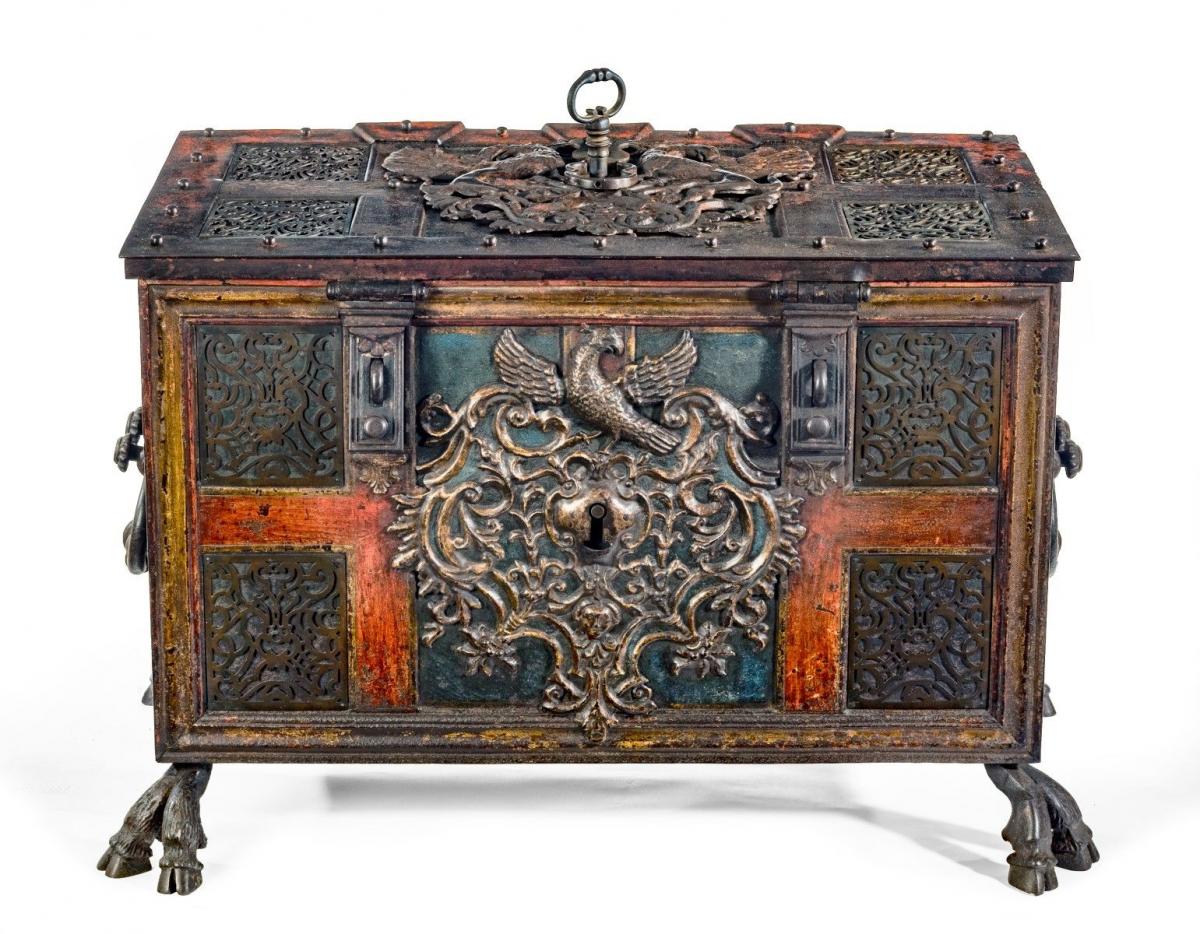 A Massive Iron Casket Inset with Brass Fretwork Panels, c. 1740