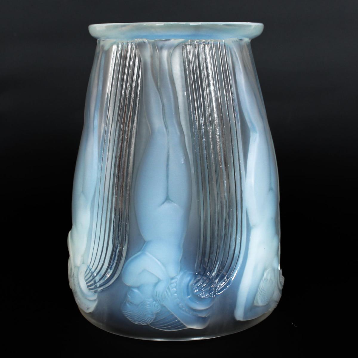 'Danaides', an Art Deco frosted, opalescent glass vase by René Lalique (1860-1945). Decorated over with raised figures of daught