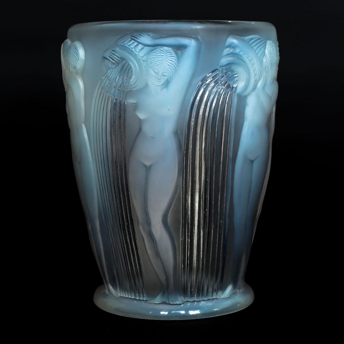 'Danaides', an Art Deco frosted, opalescent glass vase by René Lalique (1860-1945). Decorated over with raised figures of daught