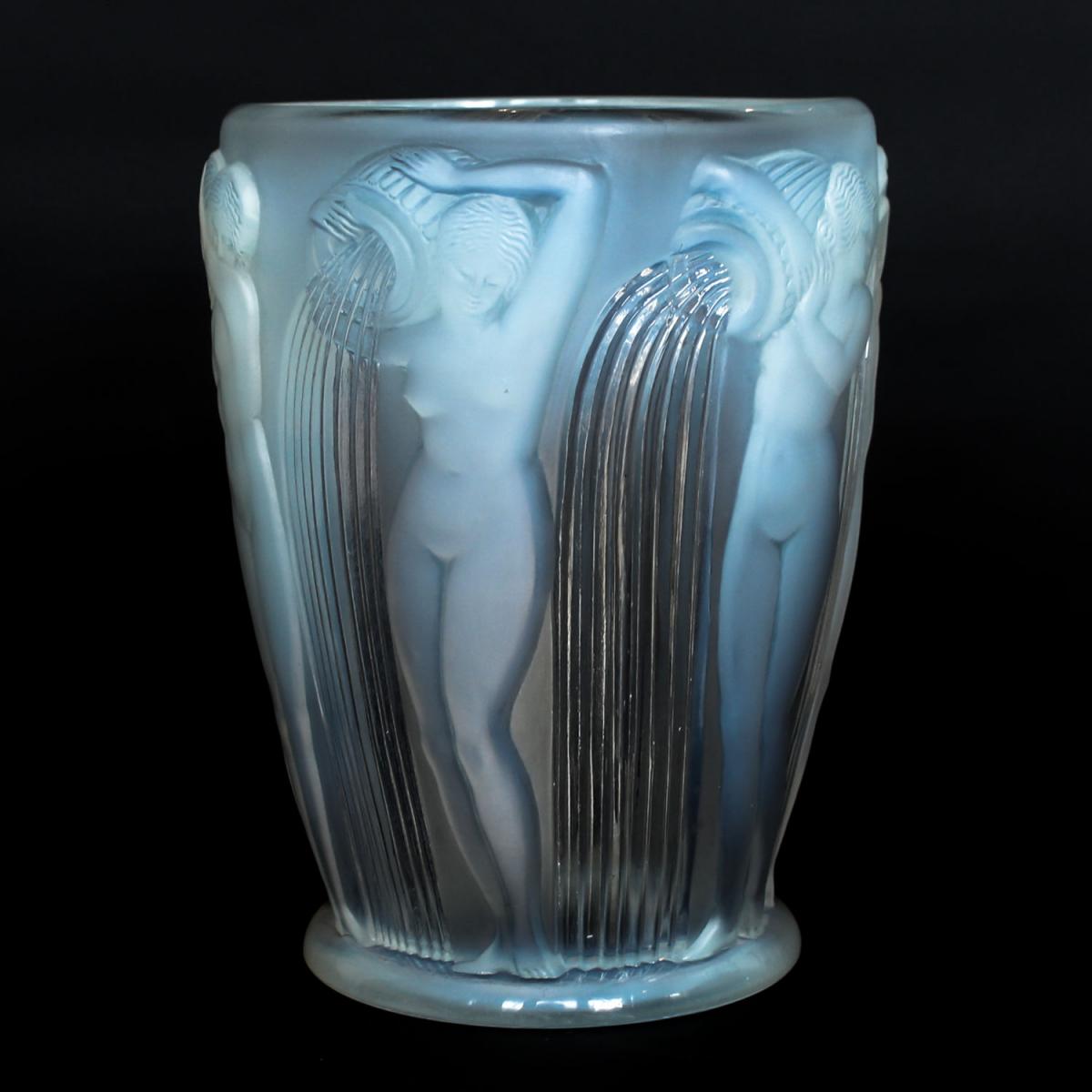 'Danaides', an Art Deco frosted, opalescent glass vase by René Lalique (1860-1945). Decorated over with raised figures of daught