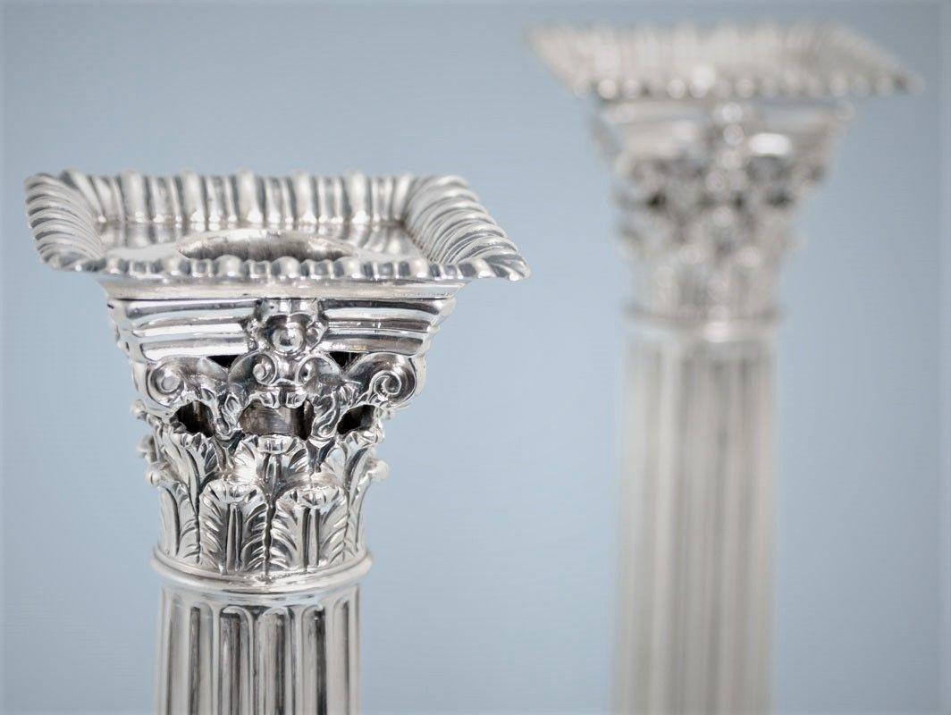 GEORGE III Pair of Silver Tall Corinthian filled Candlesticks by Ebeneze Coker