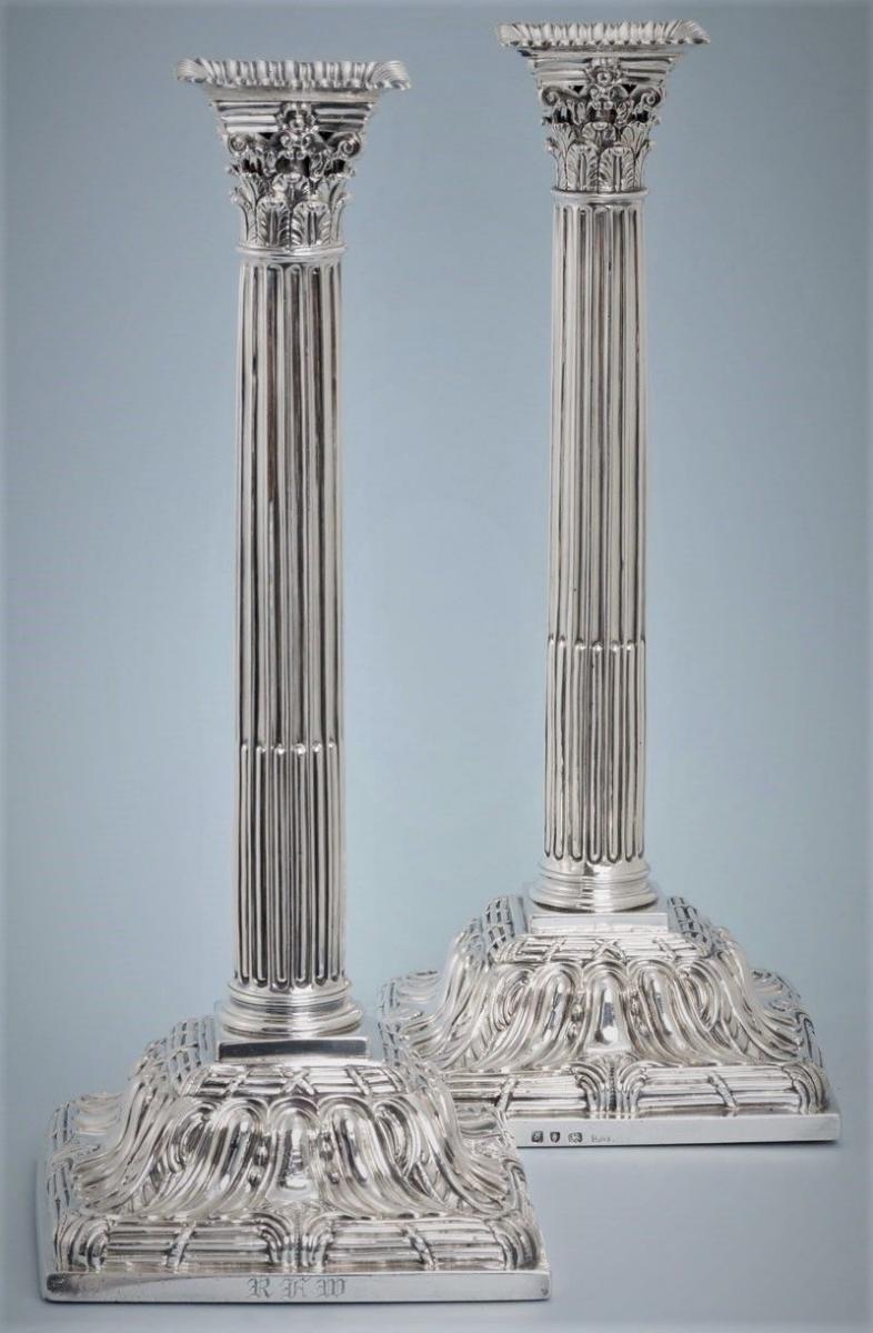 GEORGE III Pair of Silver Tall Corinthian filled Candlesticks by Ebeneze Coker