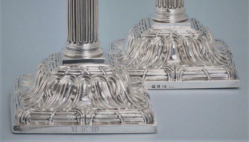 GEORGE III Pair of Silver Tall Corinthian filled Candlesticks by Ebeneze Coker