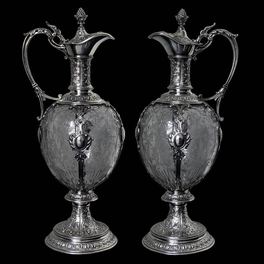 Pair of German Silver Mounted Glass Claret Jugs