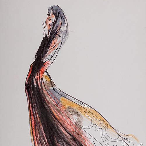 Kenneth Paul Block (1924 - 2009) Evening Couture 1990, Mixed Media on Paper, signed,