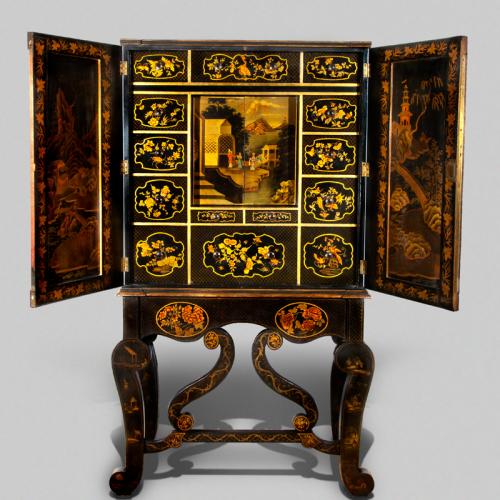 Rare japanned and painted chinoiserie cabinet-on-stand English, c. 1820