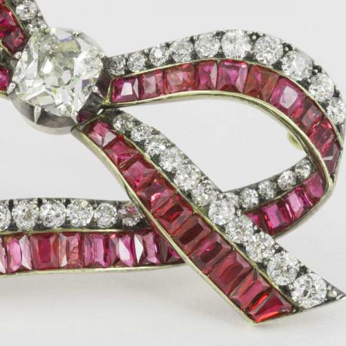 19th century Austrian Burma Ruby and diamond Ribbon brooch c. 1875