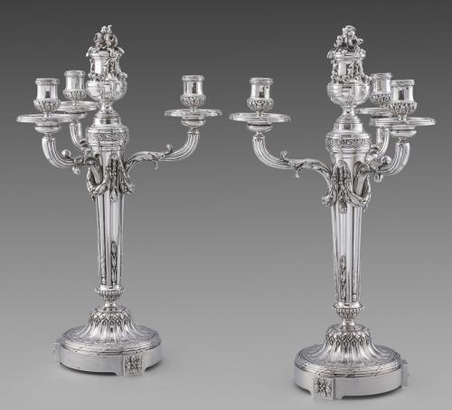 A Pair of French Louis XVI Style Three Light Candelabra, Boin Taburet of Paris, circa 1900